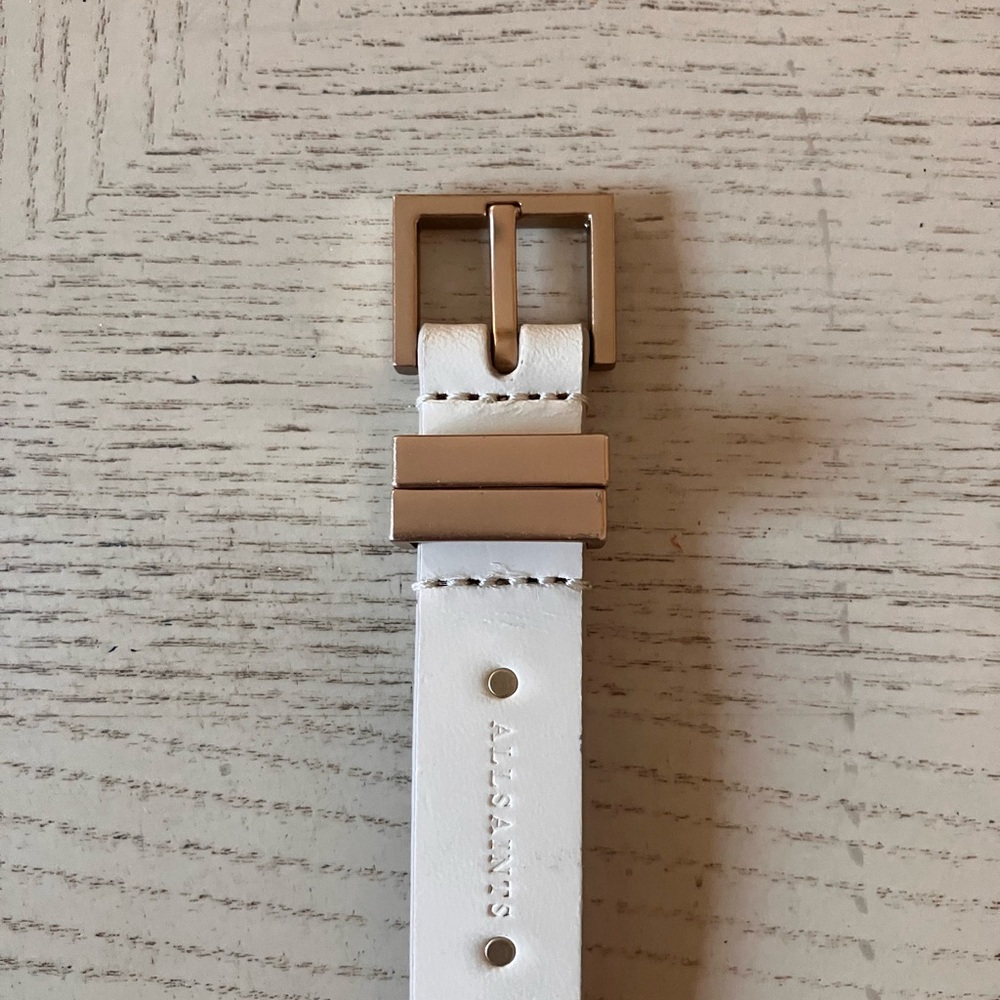 AllSaints Cream Leather Slim Belt with Gold Accent - 36 inches